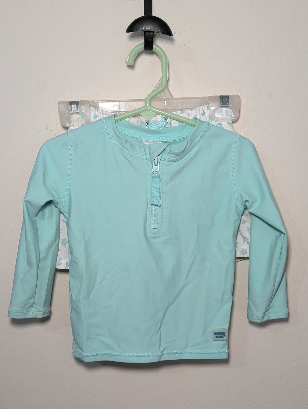 Rugged Butts Boys Swim Set Aqua Blue Rashguard, Blue + White Trunks Size 18-24M
